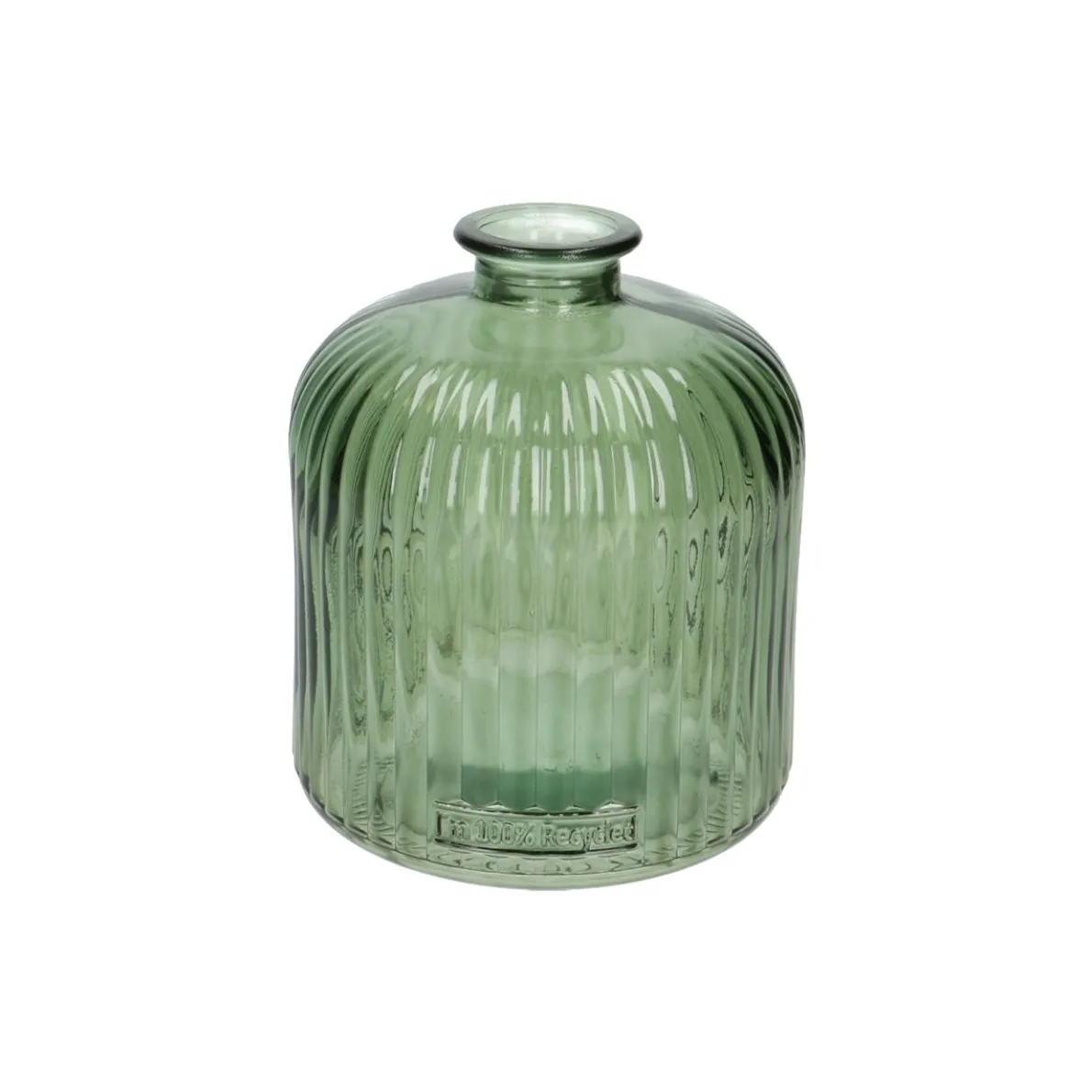 Vaas, groen glas, geribbeld, 18 cm