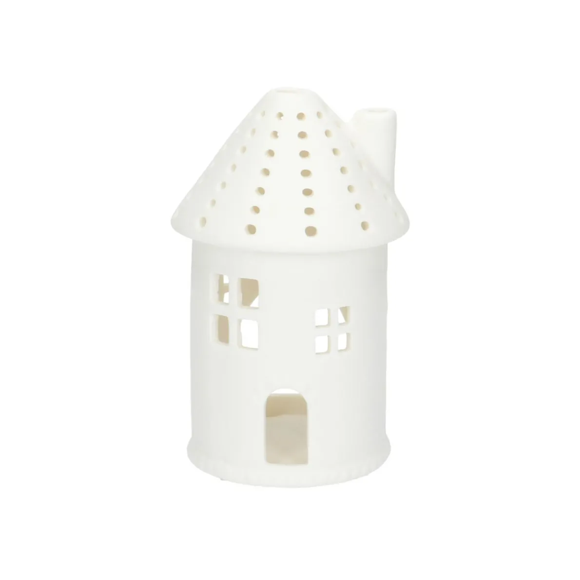 Waxinelichthouder, porselein, huisje rond, 12 cm